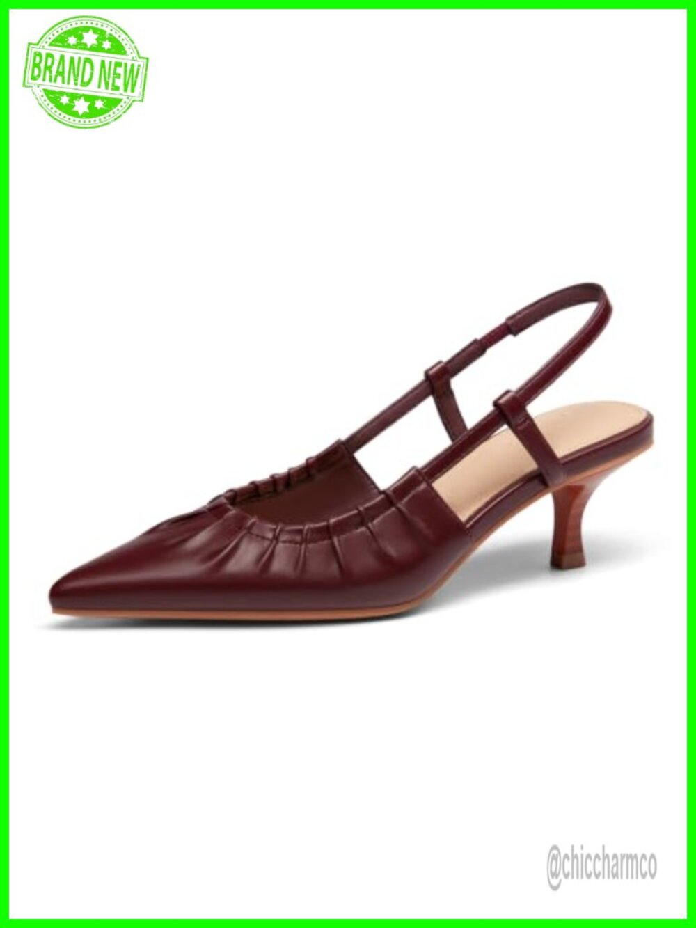 Women Slingback Kitten Heels Pointed Toe Pleated Slip On PU Leather Dress Shoes